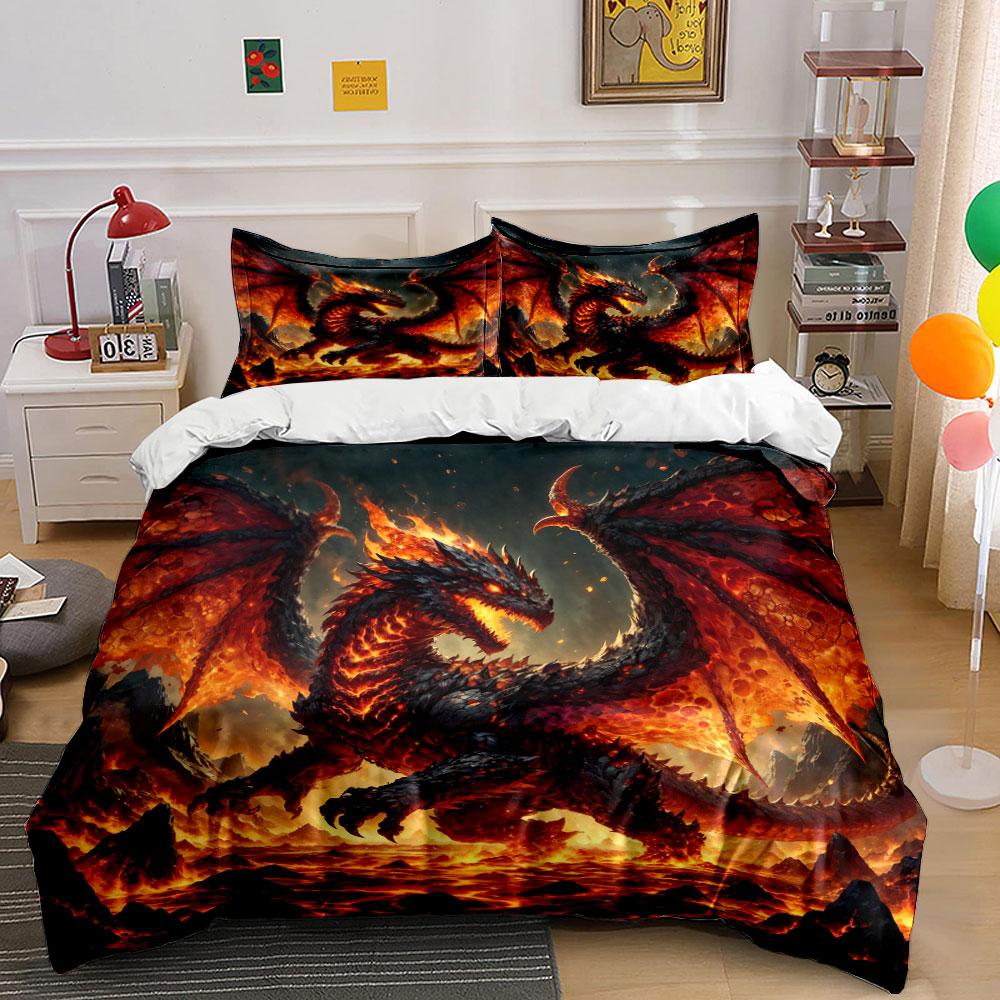Fiery dragon soaring over lava Bedding Set for Kids Luxury Gift 3pcs Digital Print Comforter Set Soft Comfortable Breathable