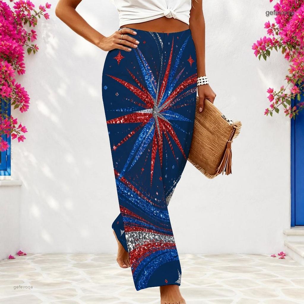 Women Plus Size Red Blue White Star Printed Loose Wide Leg Full Length Casual Pants