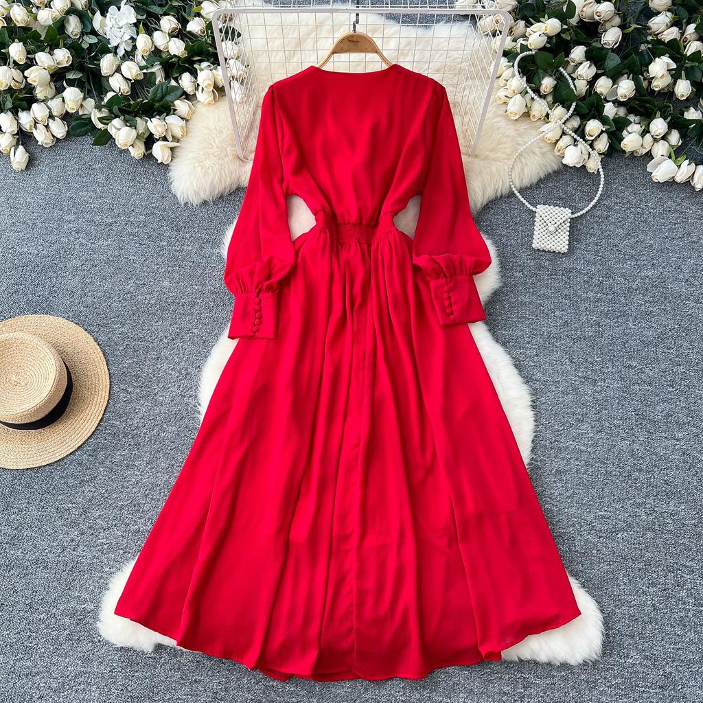 French Retro V-neck Three-dimensional Flowers Lantern Sleeve Dress Women's Waisted Temperament Swing Knee-length Elegant Long Dress