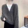 Autumn Winter Lazy Style Thickened Long-sleeve Knitted Cardigan for Women Elegant Slim Casual V-neck Outerwear Sweater