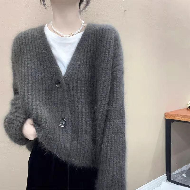 Autumn Winter Lazy Style Thickened Long-sleeve Knitted Cardigan for Women Elegant Slim Casual V-neck Outerwear Sweater