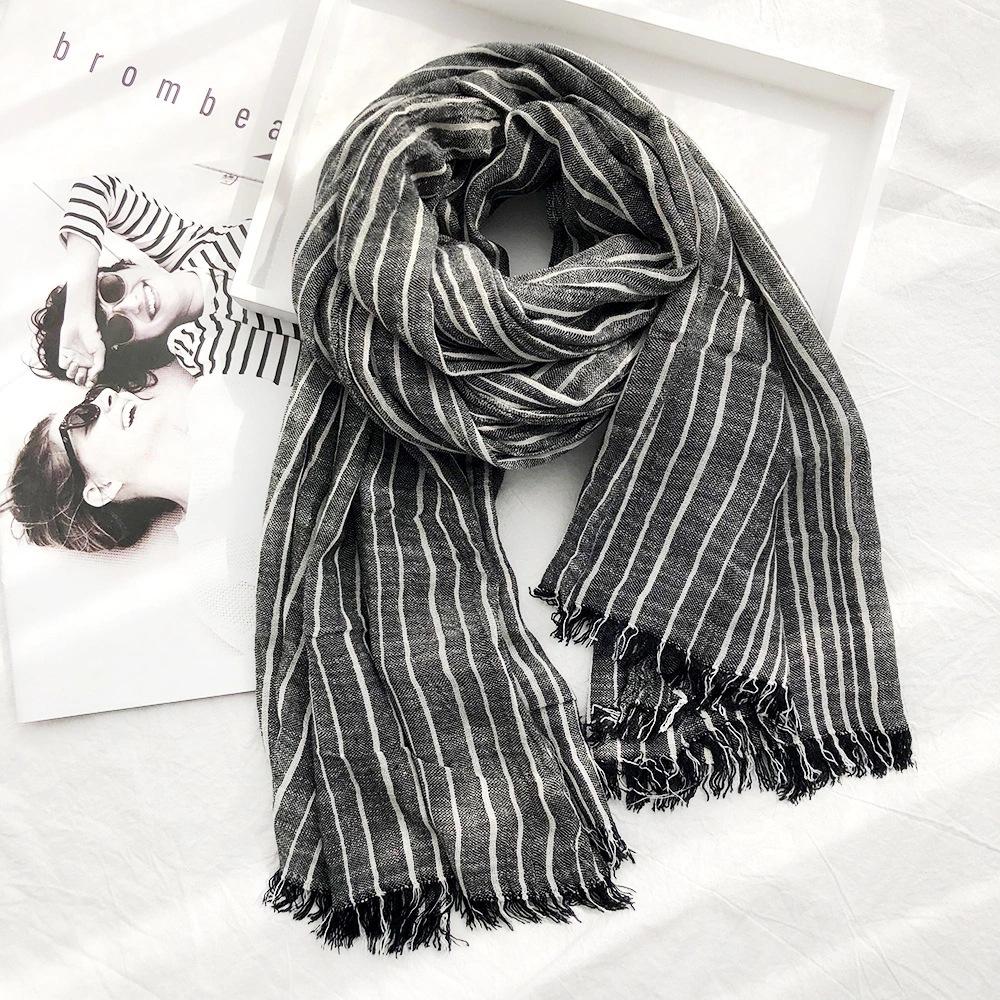 Autumn and Winter Striped Cotton and Linen Scarves for Women Classic Cotton and Linen Casual Silk Scarves for Men New Pleated Literary Retro Shawls