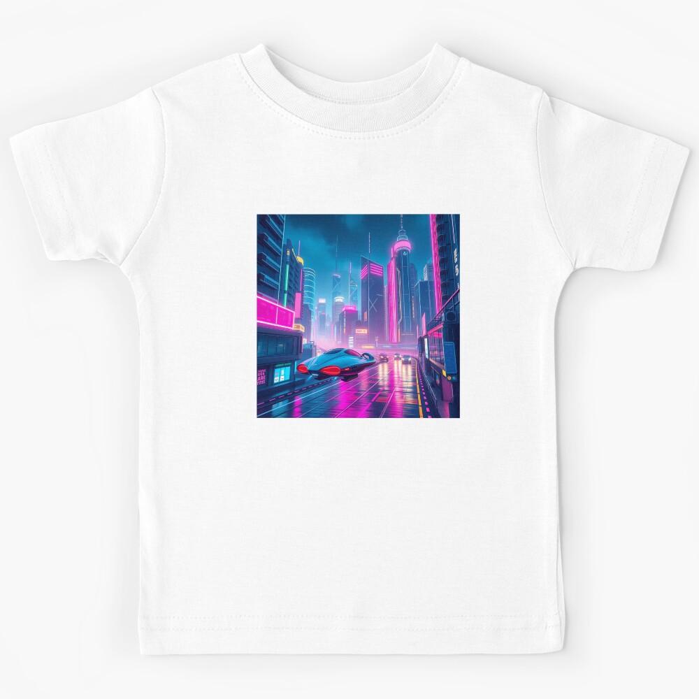 Futuristic Cityscape Neon Lights Towering Skyscrapers Hovering Cars Cyberpunk Urban Night Scene Kids T-Shirt 150