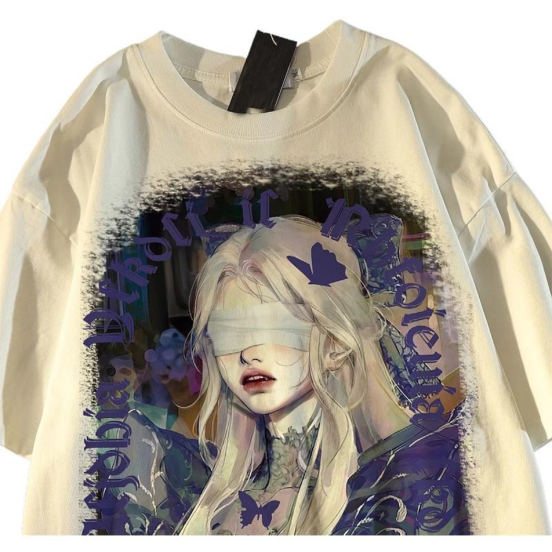 Character Printing Short-sleeved T-shirt Women's and Men's Summer New American Retro Pure Cotton European and American High Street Trendy Brand Versat
