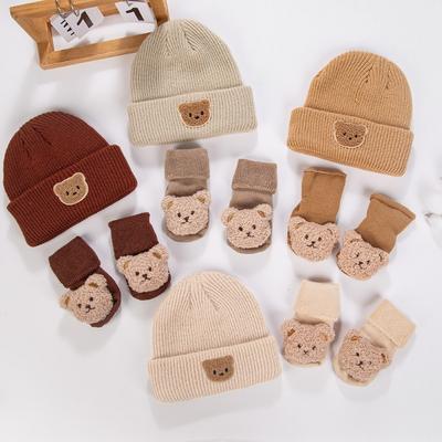 Conjunto de Punto de Oso de Dibujos Animados Estilo Europeo Gorro de Bebé con Calcetines a Juego Animal Lindo Regalo de Invierno para Fotografía de Bebés