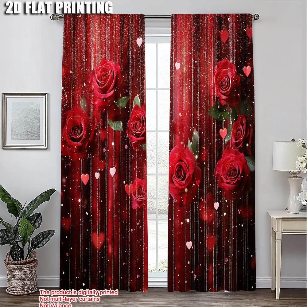 2pcs   Minimalist Curtains 2D plane printing Red Rose & Heart Durable Polyester (without rod) Decorations Inside Use for Bedroom
