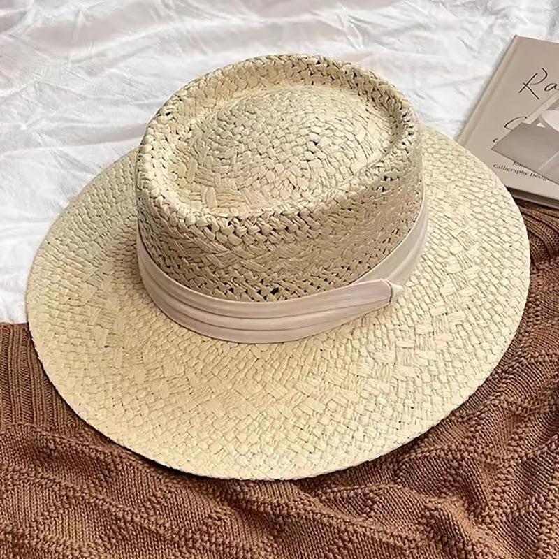 Chapeau de paille à calotte plate ajouré style français vintage pour femme, chapeau de protection solaire, chapeau ajouré tissé pour voyage, plage, vacances