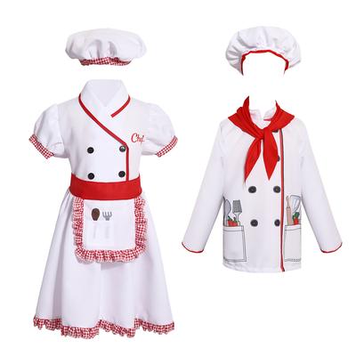 Kids Chef Costume White Red Chef Hat Top Apron Scarf Set Uniform Play House Performance Cosplay