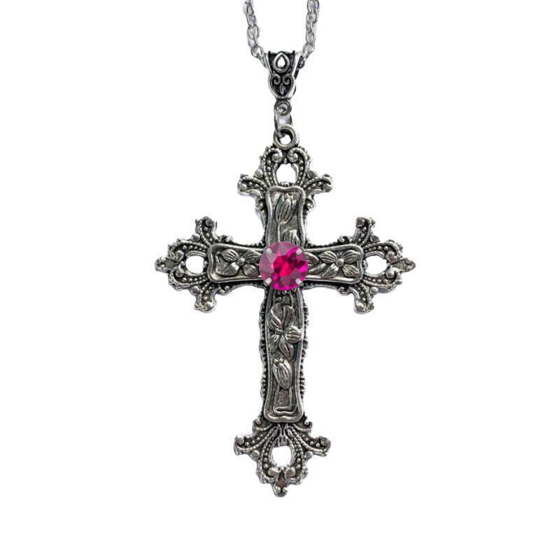 Gothic European Diamond Cross Necklace with Creative Floral Pattern