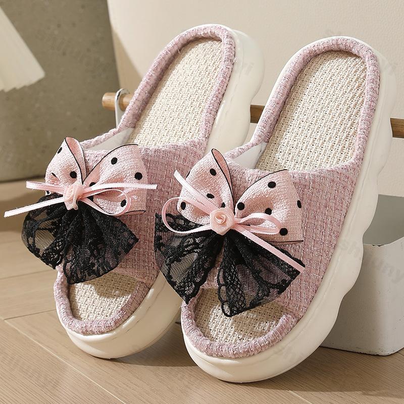 Fashion Linen Women Slippers 2025 Summer Home Slippers Comfortable Thick Sole Platform Ladies Fashion Bowknot Indoor Slipper Wholesale