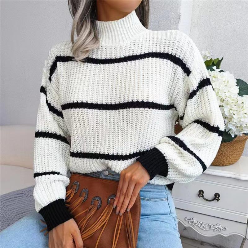 New Turtleneck Long Sleeved Women Striped Pullover Sweater Elegant Autumn Winter Loose Fashion Casual Office Tops Lady Knitwear Clothes