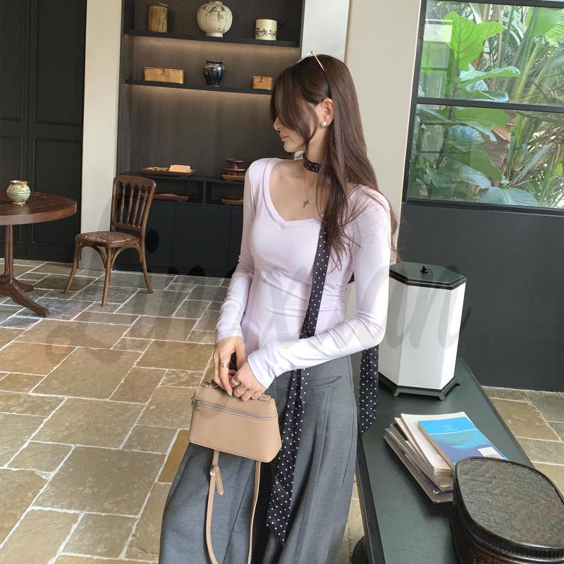 

Real Photo Pink V-Neck Long-Sleeved T-Shirt with Chest Pads for Women - Autumn 2026 Collection, Simple & Elegant High-End Top Extra Large фіолетовий