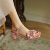 Summer Casual Sandals Comfortable Beef Tendon Soft Sole Open-toed Sandals Leather Flower Square Head Medium Heel Large Size New Thick Heel