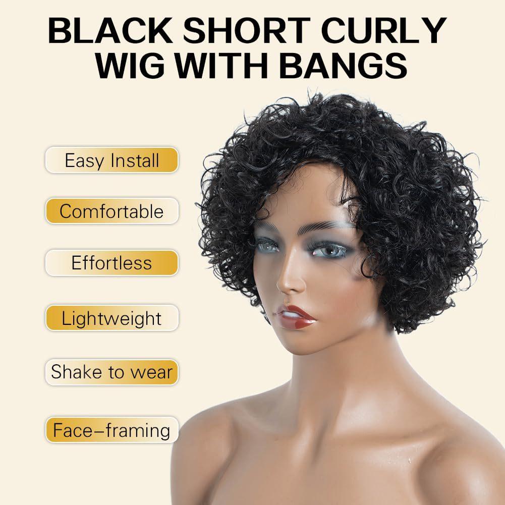 Women Synthetic Black Wigs With Bangs Short Curly Wigs for Daily Cosplay Natural Fluffy Hair Heat Resistant Fiber