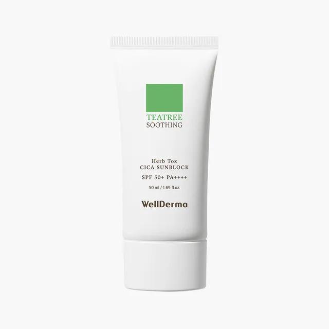 WellDerma успокаивающий солнцезащитный крем с чайным деревом, травами и цикой (SPF 50+ ПА++++) 50мл