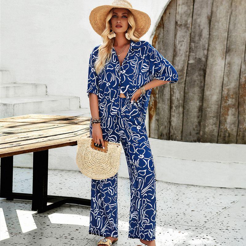 

Повседневный комплект с принтом, с короткими рукавами и брюками, Домашний комплект с принтом, с короткими рукавами и брюками Tibetan Blue XL