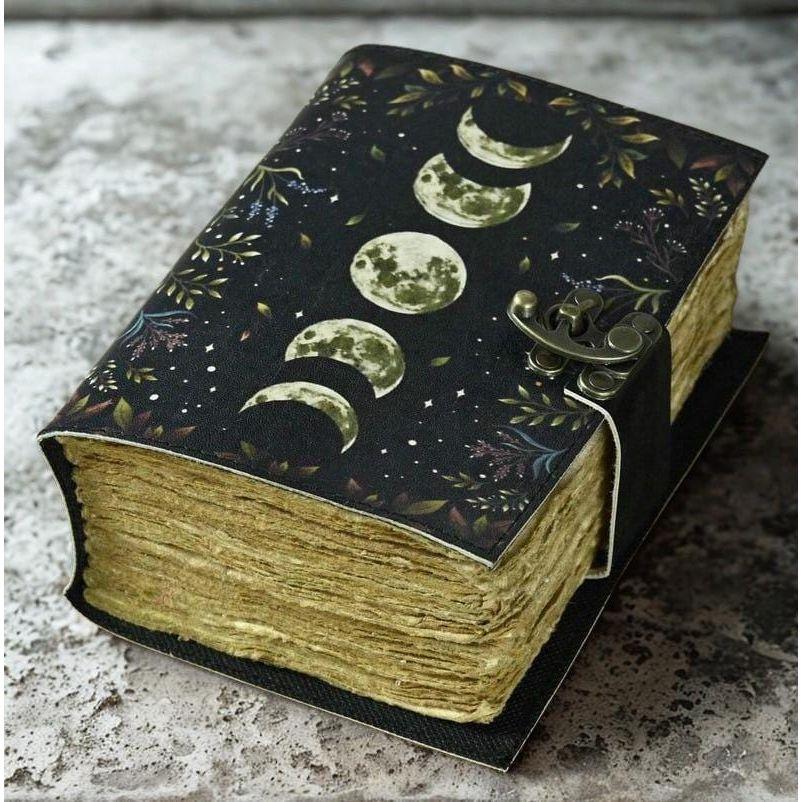 Vintage Leather Journal, Moon Phase Handmade Fat Leather Journal, Blank Spell Book of Shadows, Sketchbook, Gifts For Him Her