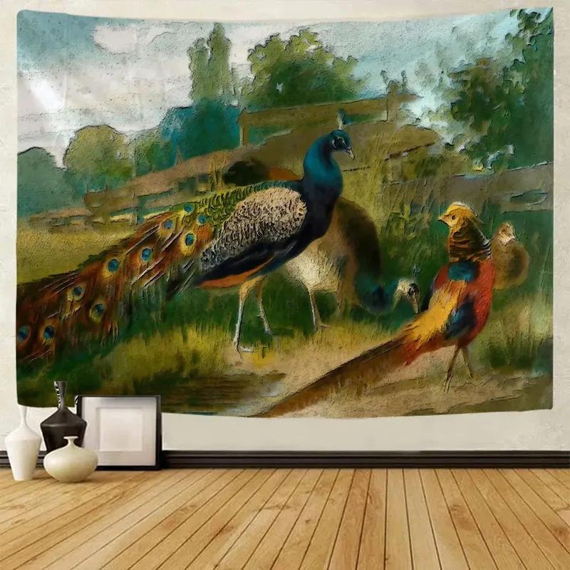 Peacock Trees Oil Painting Style Pattern Tapestry Home Wall Decoration Tapestry Bedroom Living Room Tapestry