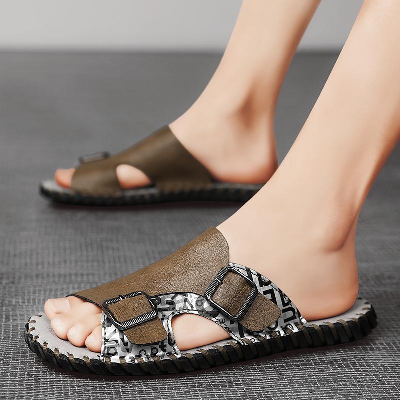 Fashion Men's Leather Personalized Double Buckle Slippers Fashion Luxury Brand Outdoor Sandals Handmade Designer Casual Shoes Walking