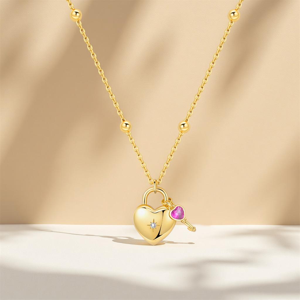 Original Sterling Silver Gold Heart Lock and Key Necklace Y-shaped Chain Necklace for Women Memorial Prayer Jewelry Gift