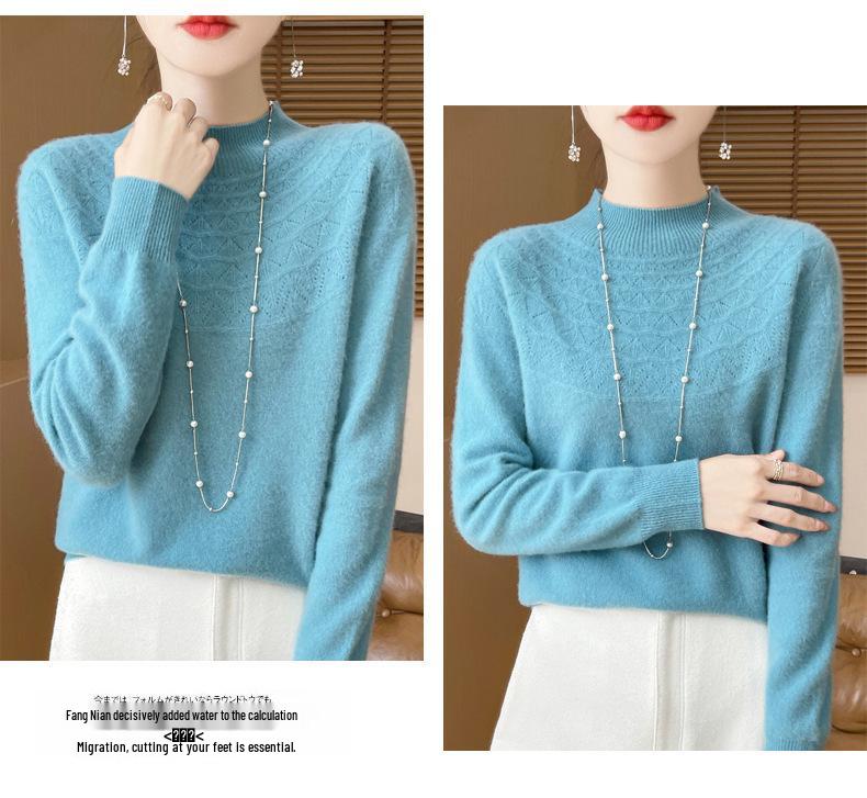 2025 Autumn/Winter Women's Half-High Collar Hollow Design Pure Wool Seamless Sweater Pullover