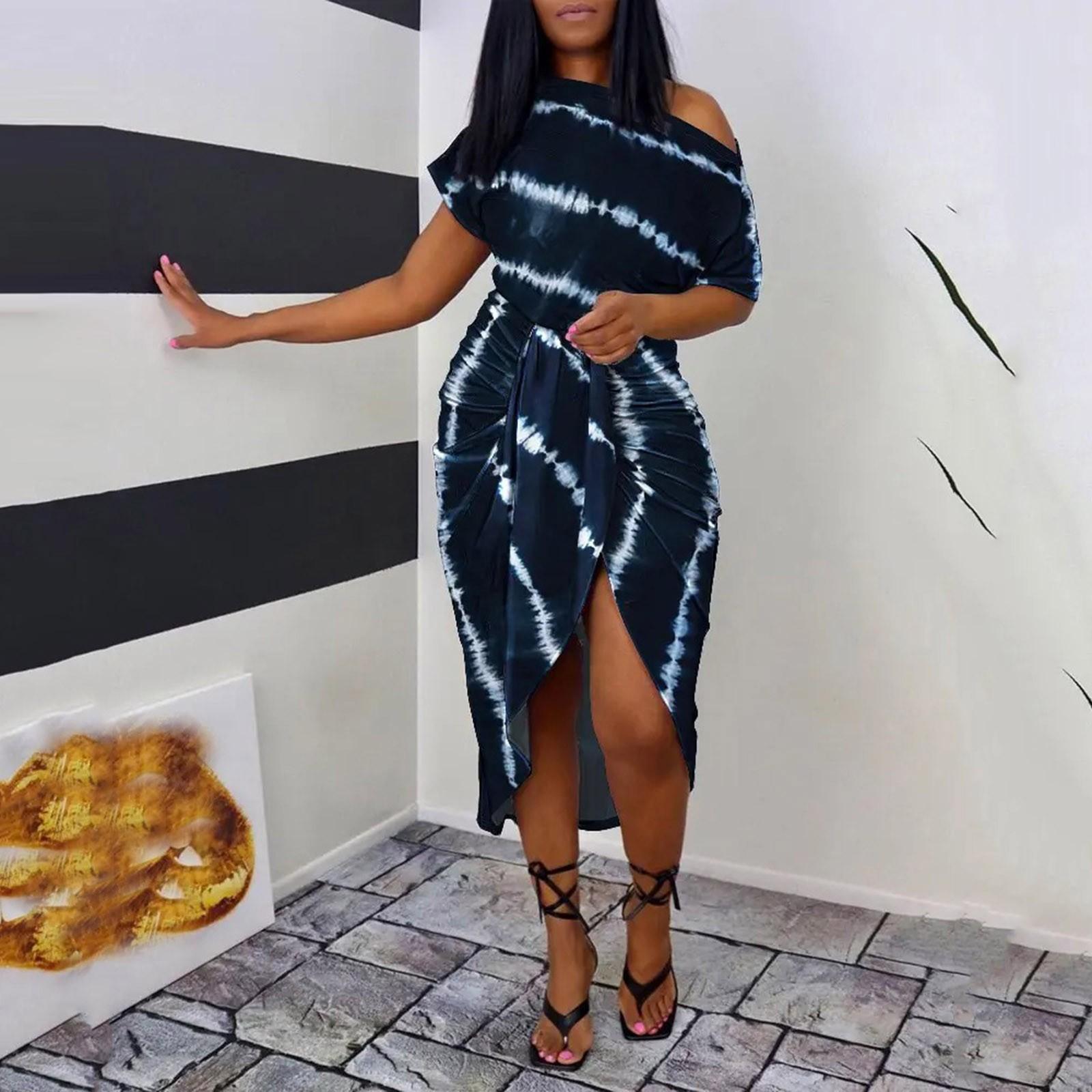 

Женское сексуальное платье с косым воротником и открытыми плечами на талии в полоску с нерегулярным разрезом XXL тёмно-синий