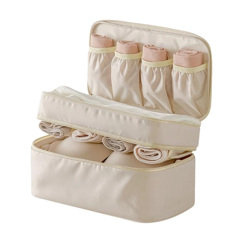 Sac de Rangement Portatif Beige pour Lingerie avec Compartiment Privé à Fermeture Éclair pour Soutiens-gorge, Chaussettes et Lingerie Délicate