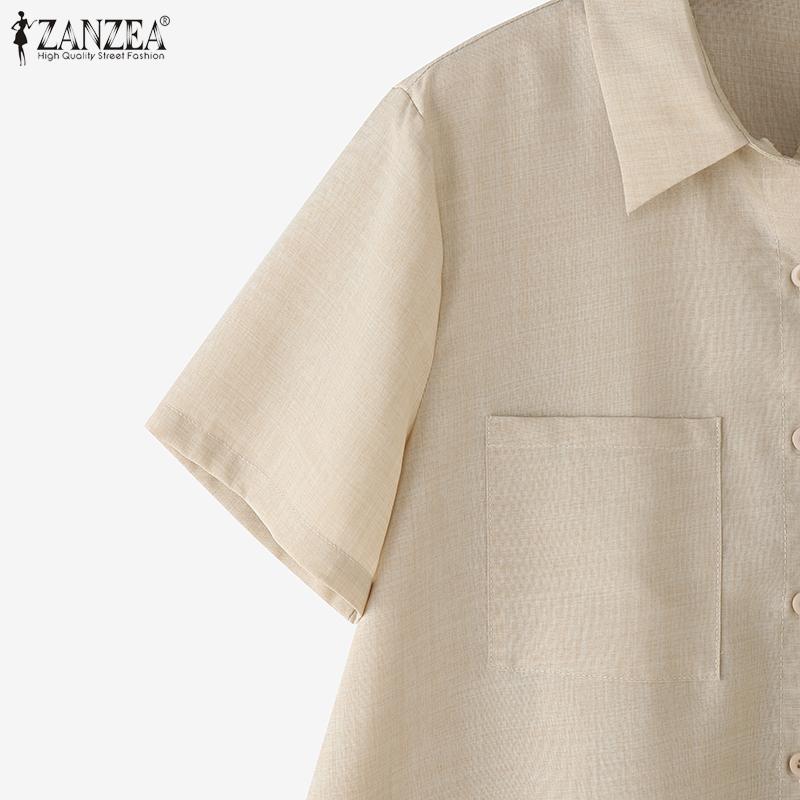 ZANZEA Women Summer Turn Down Collar Short Sleeve Casual Blouse