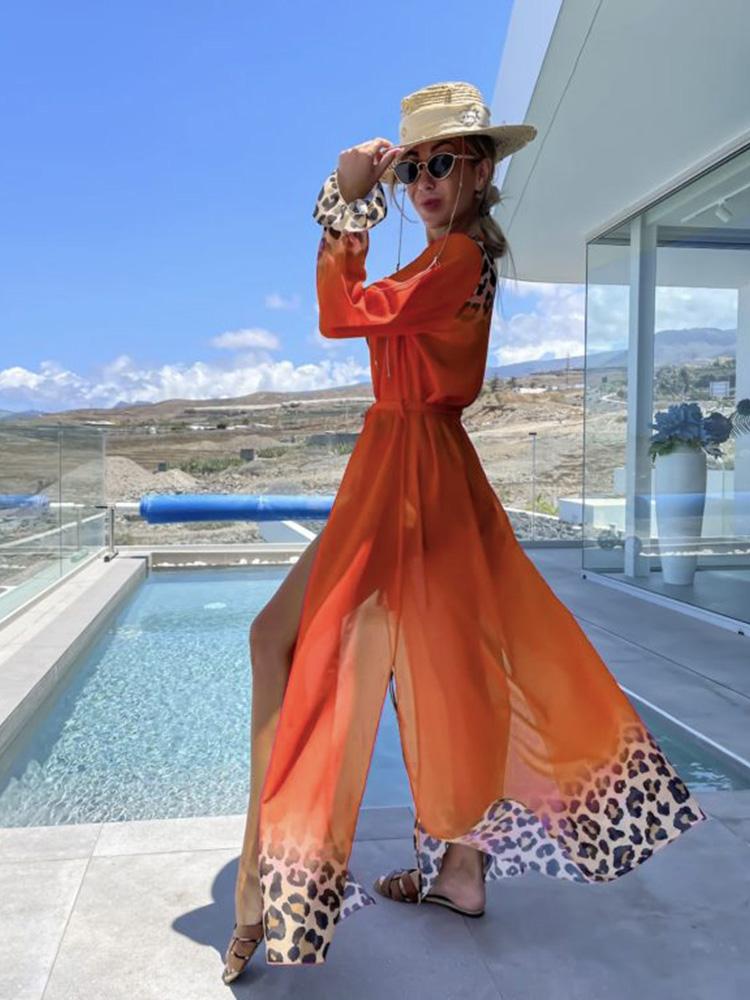 Leopard Print Beachwear Bathing Suit Coverup Plus Size Chiffon Long Sleeve Maxi Dress Open Front Kimono Cardigan Lightweight Tunic Belt Outfit A2705