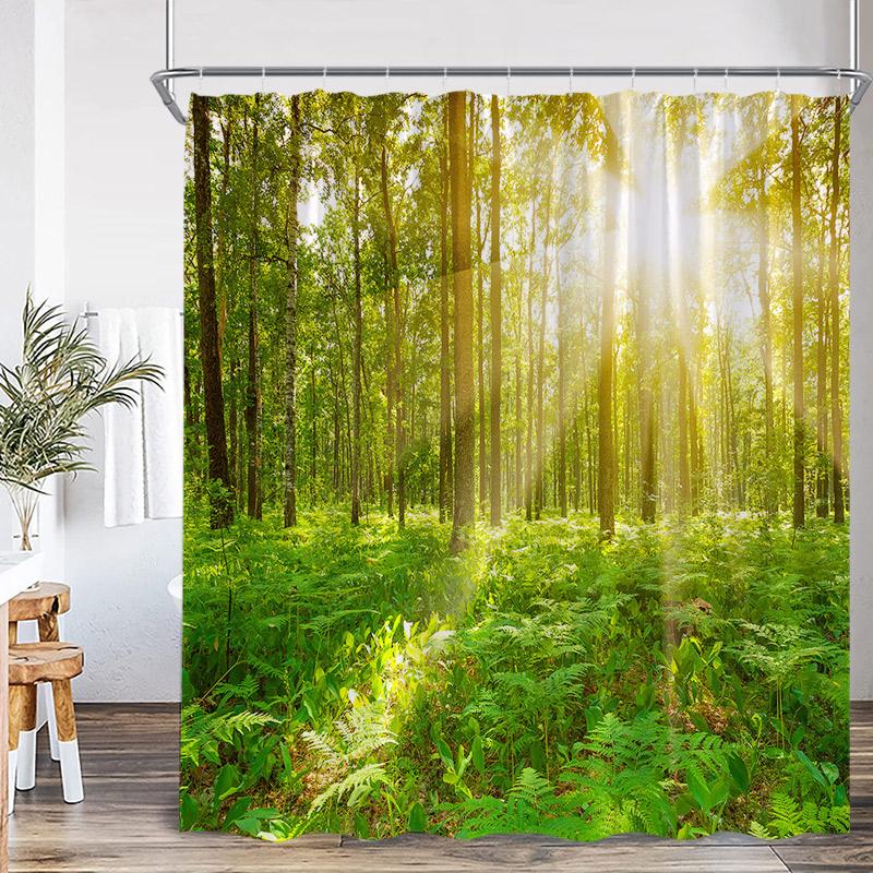 Nature Waterfall Landscape Shower Curtains Forest Lake Crane Lotus Flowers Chinese Style Scenery Home Bathroom Curtain Decor Set