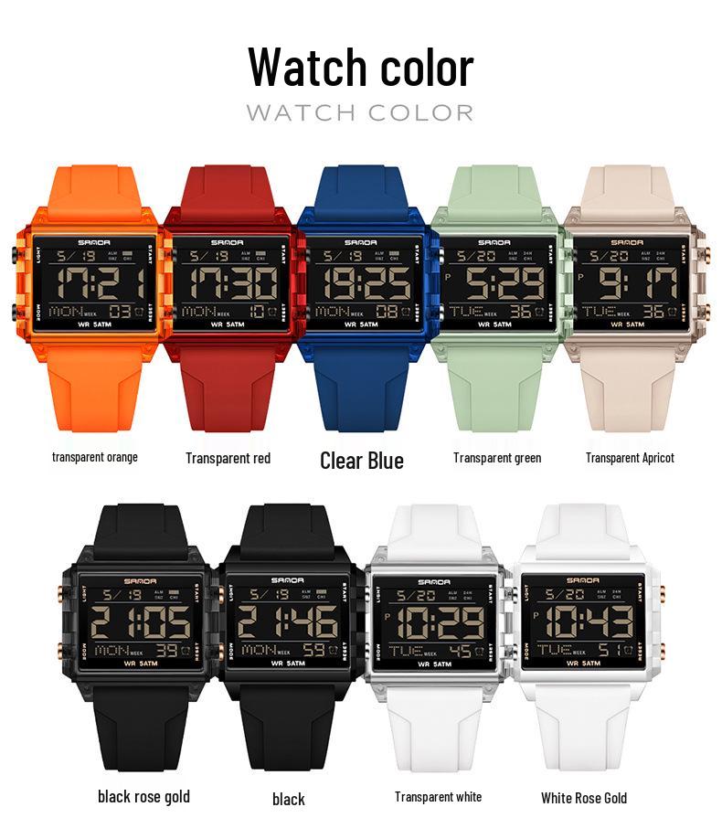Sanda Waterproof Luminous Sports Watch: Square, Transparent Timer for Students