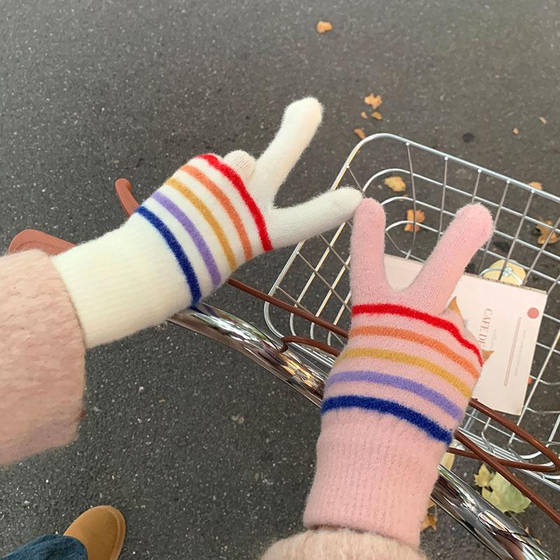 New Striped Five Finger All Inclusive Split Finger Gloves for Female Students In Winter Cycling Warm Windproof and Touch Screen Ski Gloves
