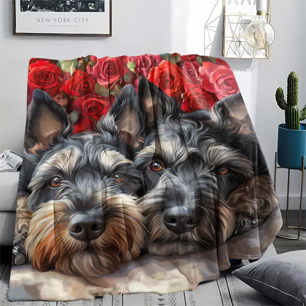 Schnauzer and Roses,pattern Flannel Blanket, High Quality Comfortable for All Seasons, Home Decor, Warmth and Comfort, Perfect for Gifts.