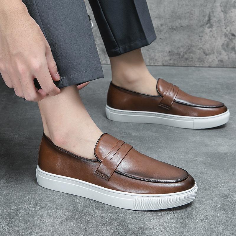 Men's British Style Leather Slip-On Loafers, Size 47 - Versatile Casual Sports Shoes
