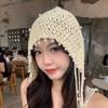 Beanies Knit Cap Crochet Flower Ethnic Style Hat Sweet Hollow Pearl Tassels Knitted Hat  Girls