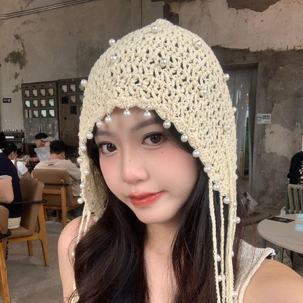 Beanies Knit Cap Crochet Flower Ethnic Style Hat Sweet Hollow Pearl Tassels Knitted Hat  Girls