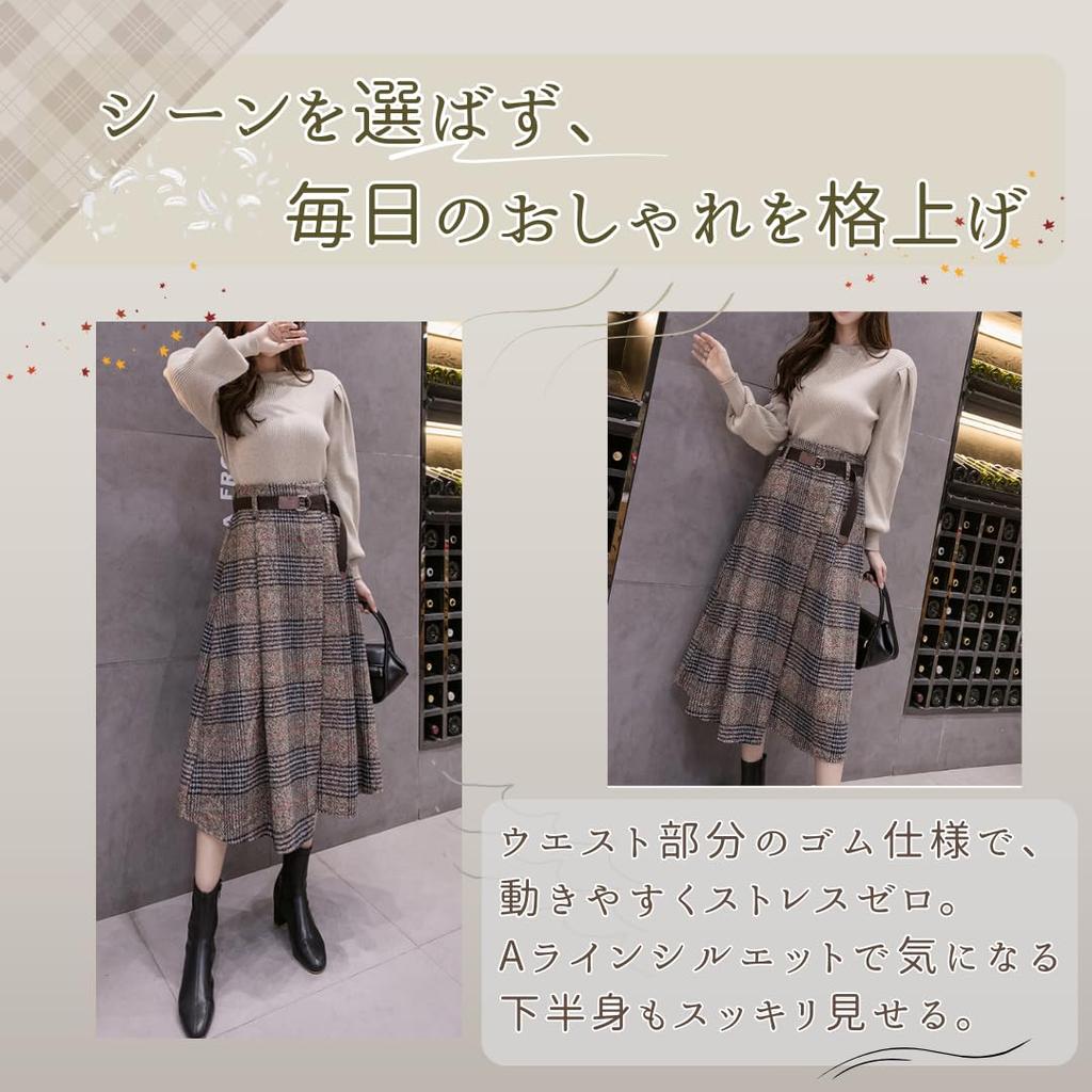 VIVEL Elegant and Lightweight Long Skirt for Flared Long Check Midi Asymmetrical High Waist Women's Fall/Winter, A-Line Skirt, Skirt, Length, Belted,