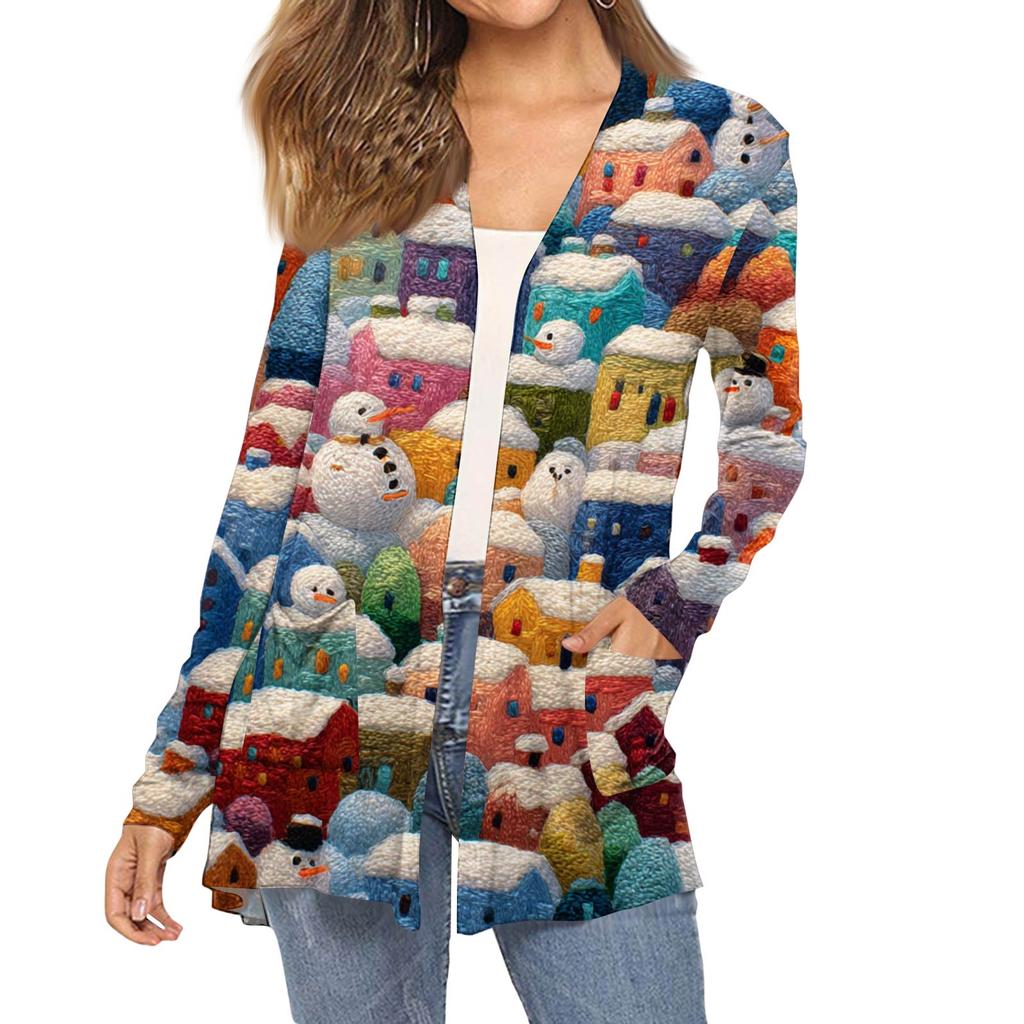 Dámský módní vánoční potisk dlouhý rukáv kapsy slim fit kardigan kabát