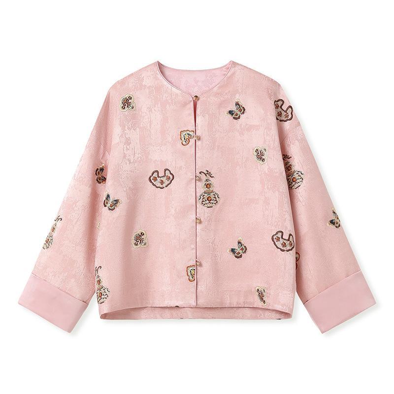 Новый китайский стиль универсальный темперамент розовый шелковый вышитый тыквенный топ куртка женская S розовый