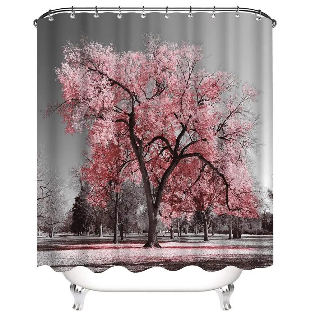 Pink Floral Shower Curtain Kids Decor Spring Flower Park Forest Road Landscape Scenic Bathroom Curtain Decor Set with 12 Hooks