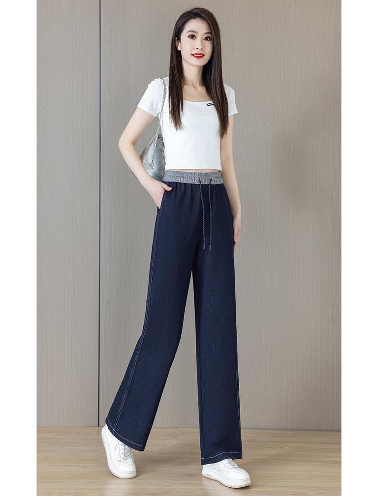 Women's High Waist Tencel Summer Jeans - Ultra-Thin, Ice Silk, Plus Size, Straight, Slimming, Loose, Wide, and Narrow Leg Options Available.