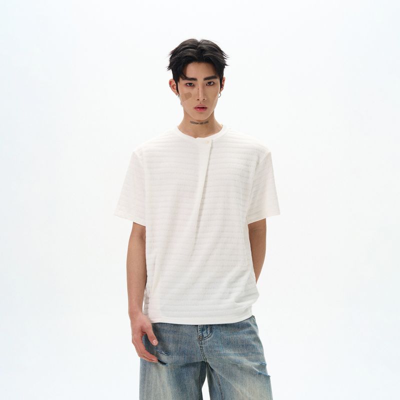 Kisko Simple American Old-Money Style Textured Diagonal Pleated Short-Sleeve T-Shirt for Men and Women New Cleanfit Casual T-Shirt