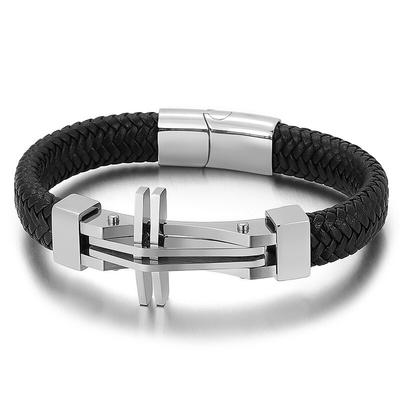 Stainless Steel European Jewelry Vintage Cross Layer Braided 12mm Men Leather Bracelet 21.5cm