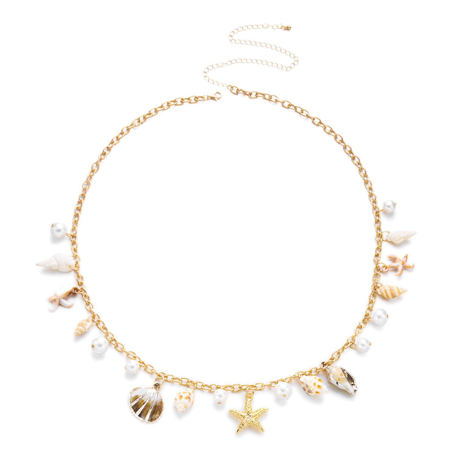 Summer Ocean Starfish Shell Conch Faux Pearl Waist Chain Women Sexy Bikini Belly Body Chain Vacation Jewelry