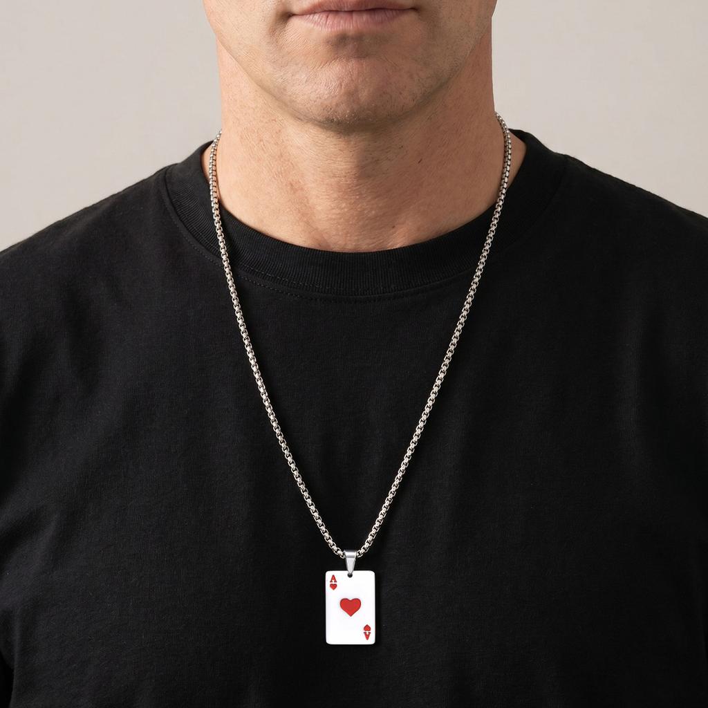 Collier pendentif carte à jouer As de Pique Hip Hop pour Homme Acier Inoxydable As de Cœur Collier Cartes à Jouer Bijoux Cadeaux