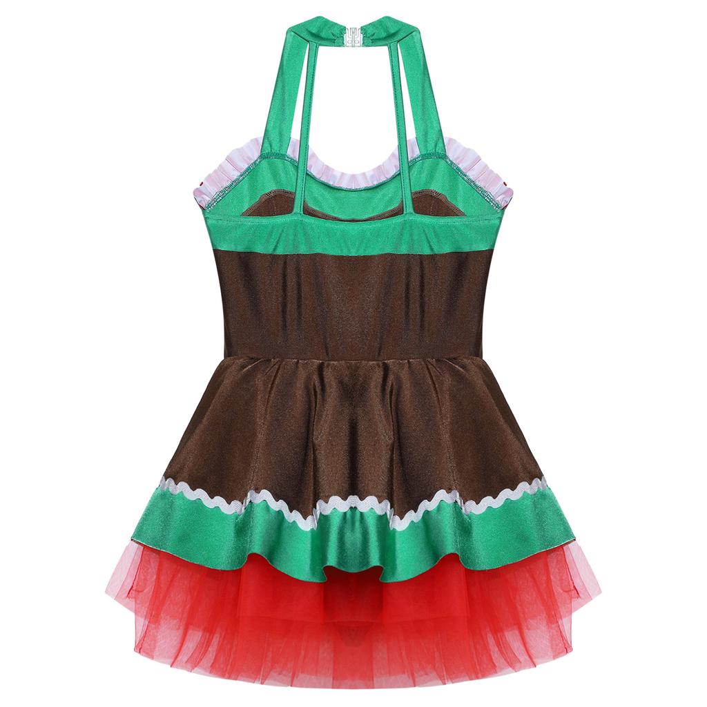 Mädchen Weihnachten Lebkuchenmann Kostüm Ärmelloses Tüllkleid Bodysuit mit offenem Rücken Feiertagsparty Verkleidung