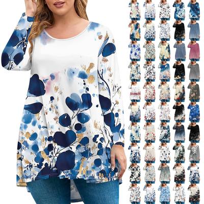 Women's Fashion Large Size Round Neck Long Sleeve Casual Print Loose Pullover Top