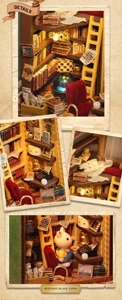 Moin Moin Dollhouse Miniature DIY Kit Set, Arrange and Stack As You Like, Colorful Town with Bears, Cats, and Bunnies, Green, Removable Front Panel,