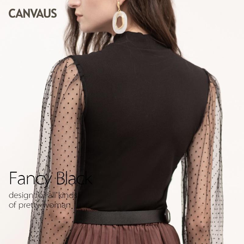 CANVAUS Höst Dam Halvhög Hals Långärmad Puffärm Åtsittande Underdel