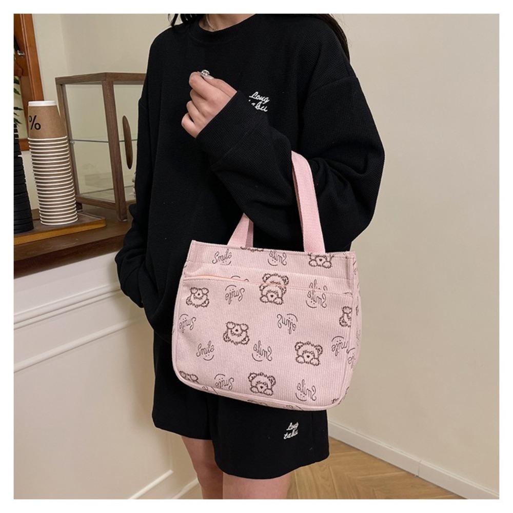 Durable Corduroy Tote Bag Cartoon Bear Large Capacity Lunch Bag Food Bag Travel